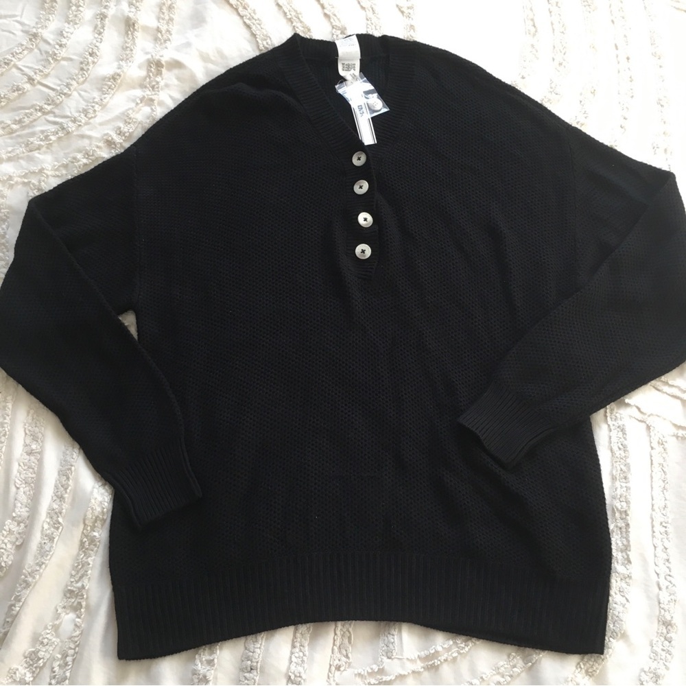 Victoria secret PINK NWT L Black Knit Henley Sweater with Button Placket